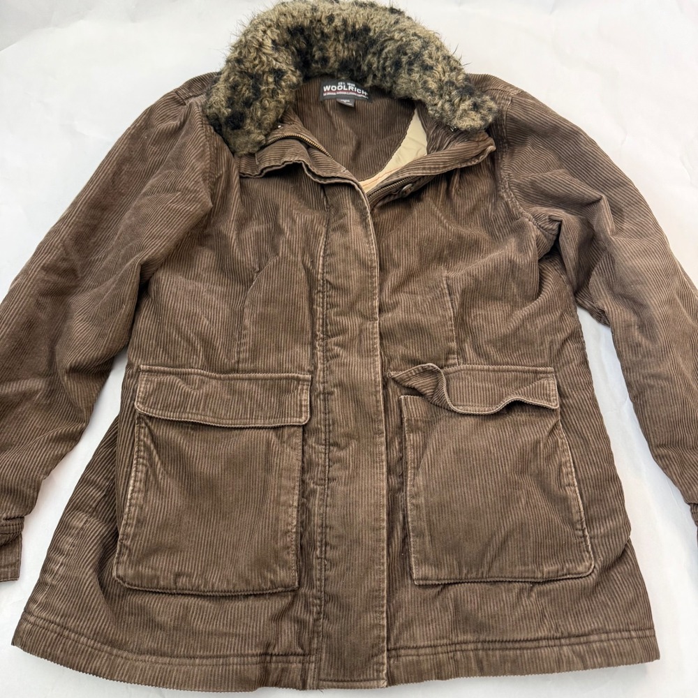 Woolrich Corduroy Fur Collar Jacket Brown Womens Medium Snap Button Zip‎